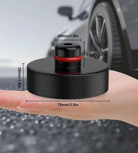 Close-up of 4 Pcs Pucks Floor Jack Pads For 2016 To 2025 Models 3 Y S X With Storage Bag, showing size dimensions in hand
