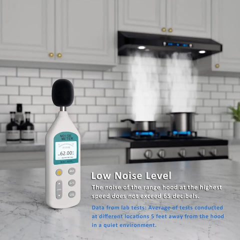 Noise meter showing 62 decibels with 36 Inch Range Hood With 900 CFM Dual Motors Black Under Cabinet Kitchen Vent Hood operating in the background