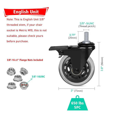 3 Inch Swivel Stem Casters With Locking Brakes Threaded 3/8-16UNC Stud Heavy Duty Caster Replacement With Hex Nuts