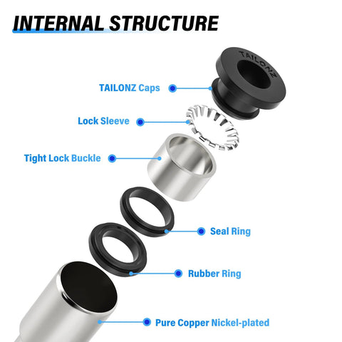 Tailonz 1/4 nickel-plated copper quick-plug check valve assembly exploded view with caps, sleeve, seal rings (5 pcs)