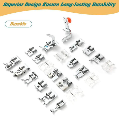 48-piece sewing machine presser feet set with metal and clear plastic feet.
