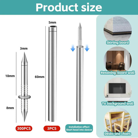 Product displaying Dual Direction Skirting Nails for Baseboards with Included Sleeve Tool for precise installation