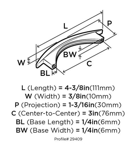 Diagram of Satin Nickel 3 Inch Center To Center Cabinet Pull From Essential Z Collection, showing dimensions and measurements.