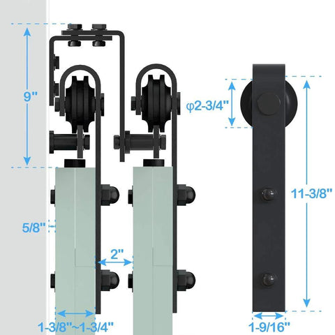Dimensions and components of 16ft Bypass Sliding Barn Door Hardware Kit, Double Track System for smooth sliding, doors not included.