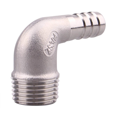 1/2 in hose barb x 1/2 in male NPT stainless steel 90-degree elbow, side view