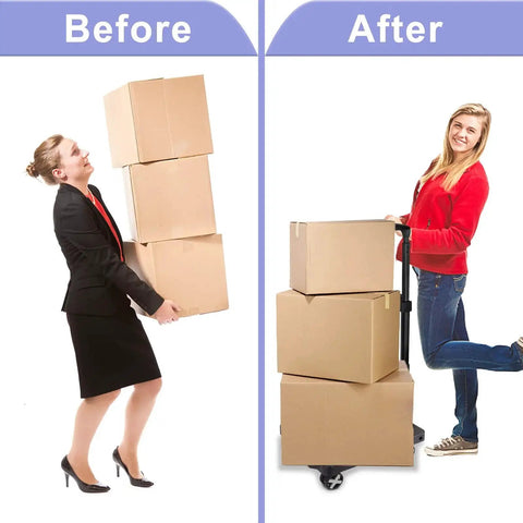 Go To Lightweight Folding Hand Truck With Four Rotating Wheels And 110 Lb Capacity Before and After Use with Cardboard Boxes