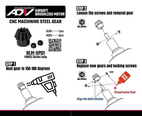 Installation guide for CNC machining steel gear for airsoft brushless motor showing step-by-step instructions and tools.