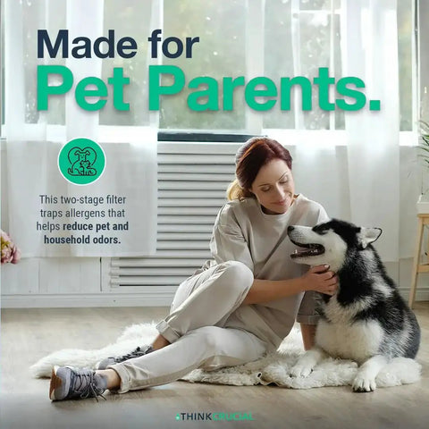 Woman sitting on floor with husky dog, text 'Made for Pet Parents' promoting pet odor reducing filter by Think Crucial.