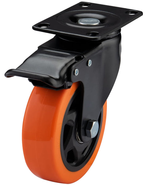 4" Caster Wheels, Heavy Duty Set of 4 - Orange Polyurethane Top Plate Swivel Casters, Industrial 4-Pack with Brake, Locking Wheels for Furniture and Workbench - Canadian Ball Bearing Supplier.