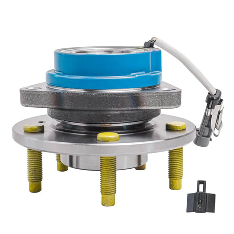 Close-up of 2-Pack Front Wheel Hub Bearing Assemblies for GM FWD Cars showing yellow bolts and ABS sensor wire.