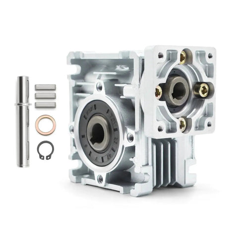 NMRV-030 Worm Gear Reducer 10 To 1 For NEMA23 Motors 12V Ready, shown with input/output shafts and components on a white background.