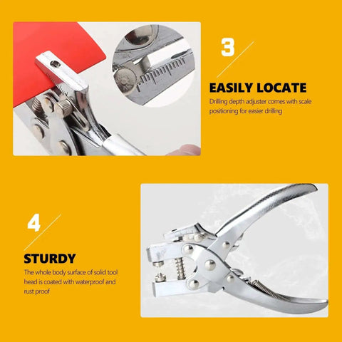 Heavy Duty Eyelet Pliers Kit With 100 Steel Eyelets, featuring depth adjuster and ergonomic jaw, 6.5 inch grommet tool for plastic and card.