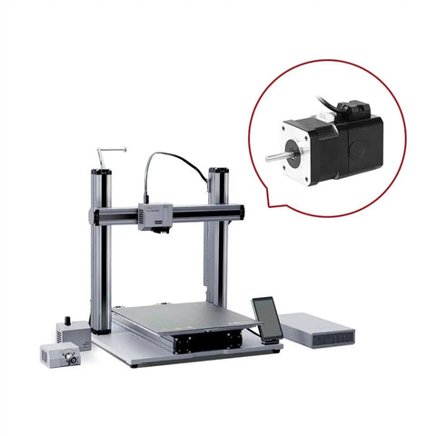 Desktop 3D printer with aluminum frame and mounted stepper motor, control box.