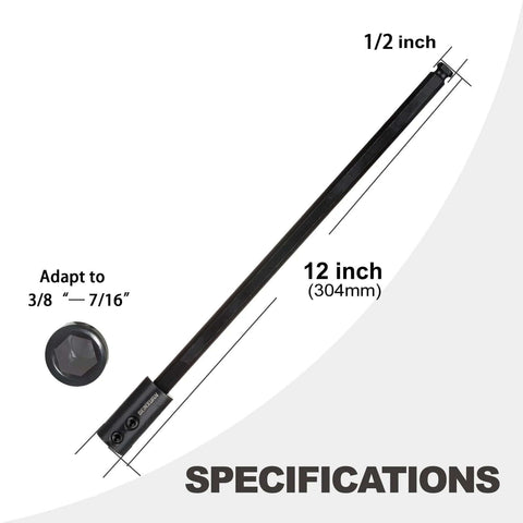 Diagram of Hole Saw Extension Chuck With 12 Inch Length And One Half Inch Hex Shank For Pro Grade Impact Drills Locking Reducing Arbor M2 Hardened Carbon Steel Construction Easy Plug Replacement Access Tight Spots And Confined Areas showing size and specifications.