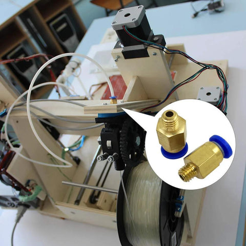 PC4-M6 and PC4-M10 pneumatic push-to-connect fittings for 3D printer Bowden extruder; brass with blue O-rings, 20pcs
