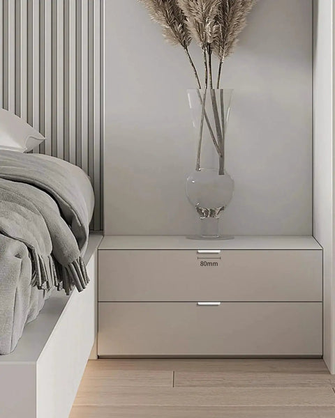 Modern bedroom with 5 Pack 3 Inch Self Adhesive Cabinet Pulls Silver Stick On Handles, no drill design on a white dresser.