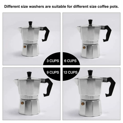 Four images showing aluminum coffee pots for 3, 6, 9, and 12 cups, demonstrating different sizes available for coffee makers.