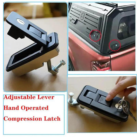 Three views of Two Pack Compression Latch Lock For RV Camper Cupboard Doors With Key, shown installed and in use.
