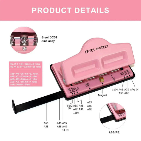 Mushroom Discbound Hole Punch For Four Holes Adjustable Paper Puncher in pink finish, showing adjustable gauge and parts details.