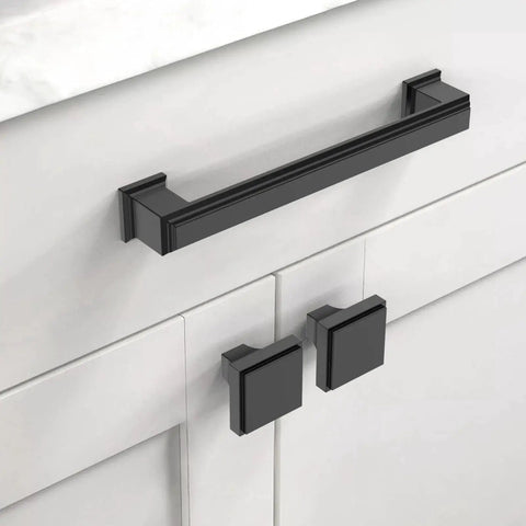 Matte Black Kitchen Cabinet Pulls Set Of 10 5 Inch Metal Cabinet Handles For Cupboards And Drawers Rust Proof Non Toxic Durable Hardware Easy Installation shown on white cabinet