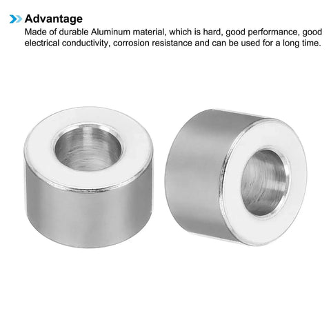 Heavy Duty M8 Aluminum Spacers Set Five Pieces 8.2mm ID 16mm OD 10mm Thick Standoff For Five Sixteenths Inch Or M8 Screws Garage Grade Durable Silver Aluminum Spacers For Automotive And DIY Projects, two spacers side by side.