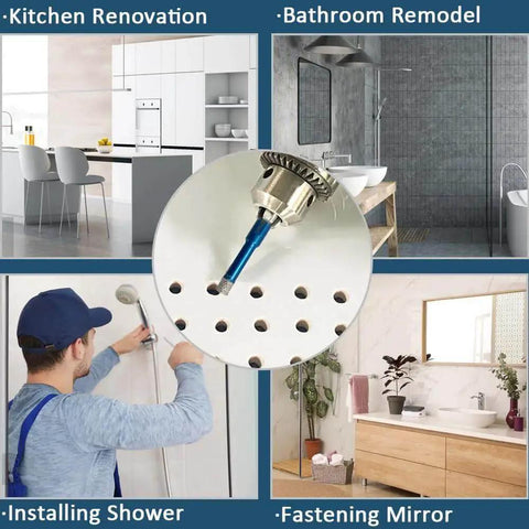 Diamond Tile Hole Saw Kit Pro Grade 10pc Drill Bit Set With Triangle Shank for kitchen, bathroom, and installations.