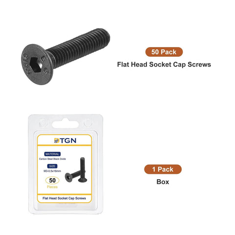 M3-0.5x16mm Flat Head Socket Cap Screws 50 Pack Hex Socket Countersunk Bolts Full Thread Carbon Steel Black Oxide in packaging