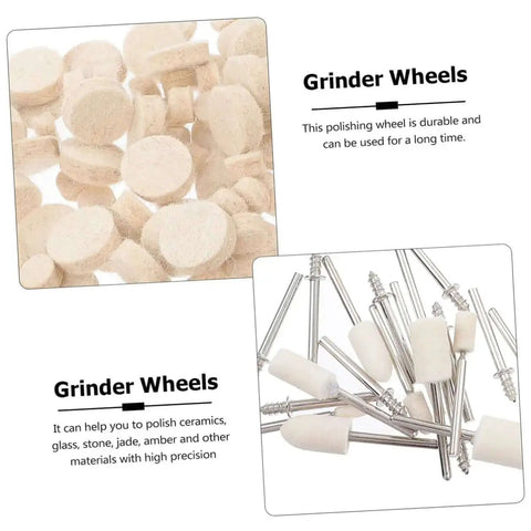 120Pcs Wool Felt Polishing Wheels Set With Shank for rotary polisher, shown in various shapes and sizes