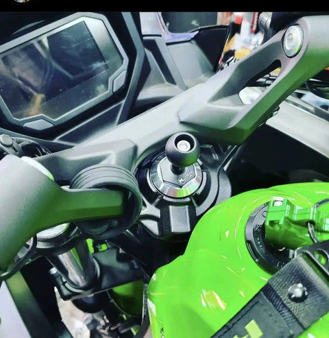 Moto Mount Ninja 12mm Hex Fork Stem Base with 1 Inch TPU Ball Adapter installed on Kawasaki Ninja motorcycle