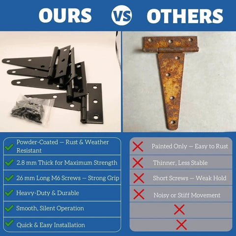 Comparison of black rust-resistant 5 Inch T Hinges Heavy Duty 4 Pack with extra thick 2mm leaf against a rusted hinge, highlighting durability and installation.