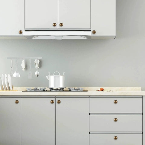 Antique Brass Kitchen Cabinet Knobs Set Of 10 for solid wood and metal drawers installed on white kitchen cabinets with modern design.