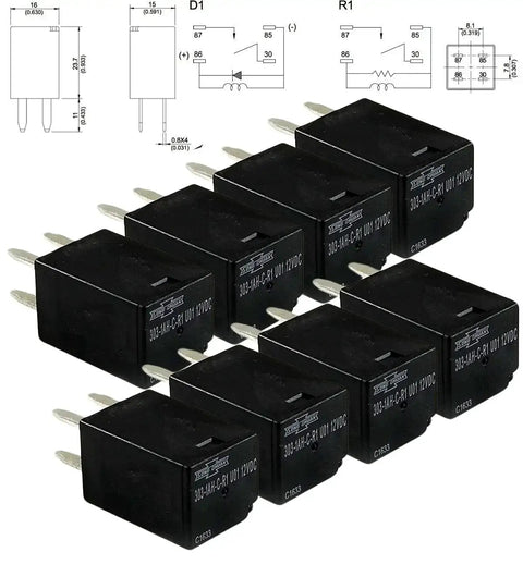 Image of 12V DC SPNO Relay Pack, 20A High-Current General-Purpose Relay, 303-1AH-C-R1-U01, 8-Pack, showing plug-and-play relays.
