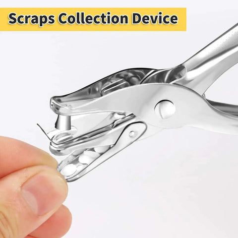 Durable 1/4 Inch Single Hole Puncher With 8-Sheet Capacity For Crafts, steel punch close-up with scraps collection device.