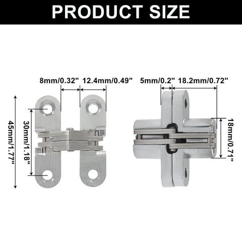 4 Pack Hidden Hinges, 1.77 Inch Stainless Steel Cross Invisible Swing Hinges, dimensions shown with size measurements, front and side view