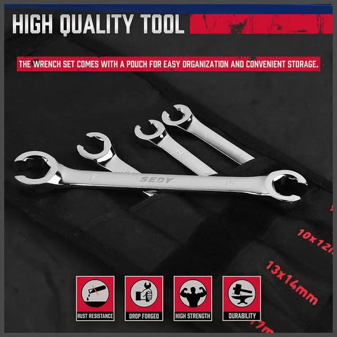 Four Piece Flare Nut Wrench Set With Offset Ends Metric Two Sizes Per Wrench, shown with pouch and rust resistance features.