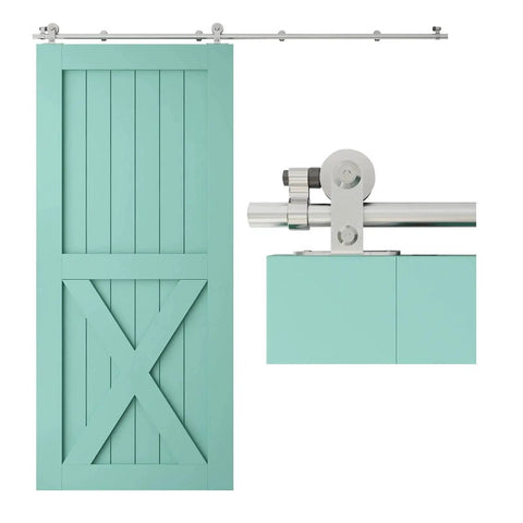 5.5 Foot Stainless Steel Sliding Barn Door Hardware Kit With Top Mount Heavy Duty Track System for Single Wood Door