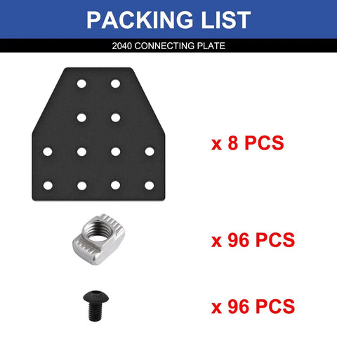 Packing list for Eight Piece 2040 Corner Bracket T Shaped 12 Hole Connector For Aluminum Extrusion Hardware Black Kit