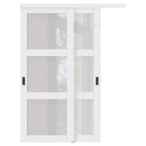 Sliding Closet Door Set 60x80 Inches Double Barn Doors With 3-Panel Frosted Fingerprint-Resistant Tempered Glass And Hardware Kit