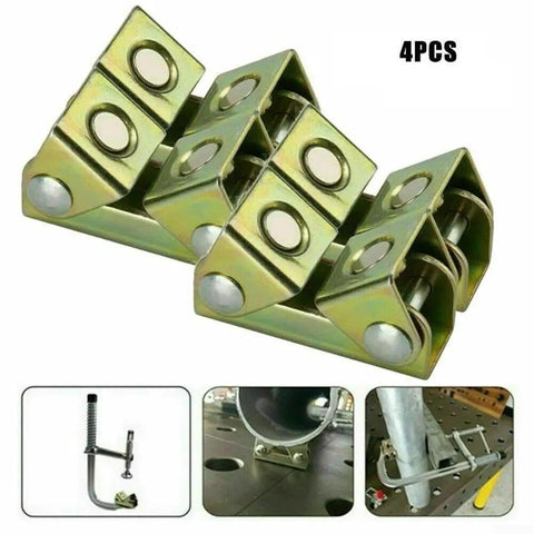 Heavy-Duty Adjustable Magnetic Welding Clamps 4-Pack, V-Type Fixture Holder For Round, Flat, And Angled Metal, Stainless Steel Welder Jig For Bolts Nuts Plates Spot Welding, showing four golden clamps with V-base.