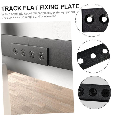 Heavy Duty Metal Flat Plate Track Connector For Barn Door Flat Brace Bracket Mending Repair And Upgraded For Sliding Barn Door Track Connection With Rust Resistant Finish Smooth Surface And No Fuss Install on wooden floor.