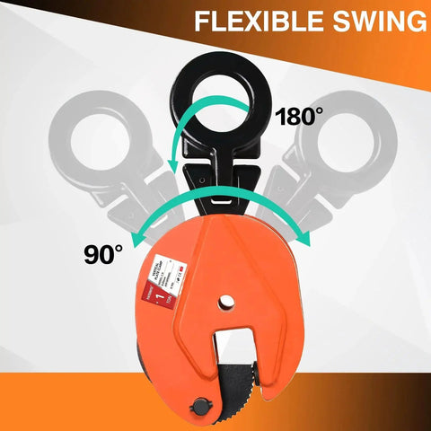 Plate Lifting Clamp 1 Ton With Point Six Inch Jaw Opening For Steel Plates, showing 180° flexible swing feature