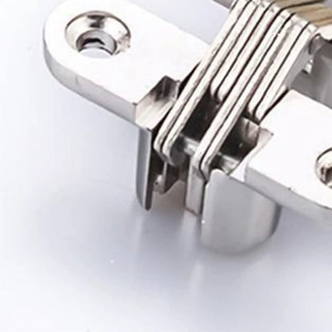 Close-up of Hidden Concealed Cross Door Hinge 8x42mm With Screw For Wood Or Metal Doors And Cabinets Folding Doors Windows 180 Degree Swing Silver