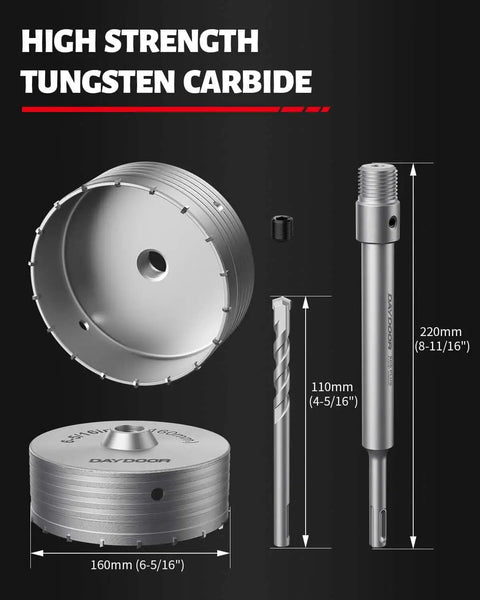 Heavy Duty Concrete Hole Saw Kit With SDS Plus Shank Adapter For Deep Drilling, 6-5/16 Inch Tungsten Carbide Tipped