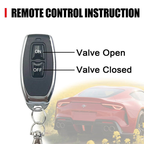 Automotive exhaust valve controller remote, black oval switch box with ON and OFF labeled switches on a keychain.