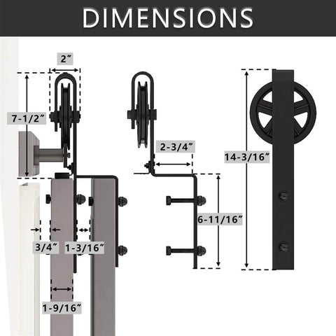Dimensions diagram of Sliding Barn Door Track Hardware Kit for Low Ceiling Spaces, showing side view of hardware components.