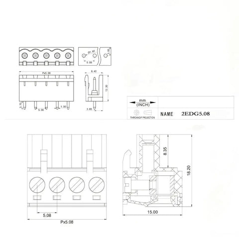 Technical diagram of 40 Piece 5.08mm Pitch PCB Terminal Block Set With 2 Pin 3 Pin 4 Pin And 5 Pin Plug In Screw Terminals 0.2 Inch Pitch