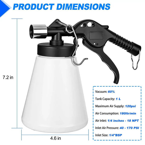 GOOACC vacuum brake bleeder kit with 1 L bottle; conical reservoir, trigger pump, 4 adapters, hanging hook (front).