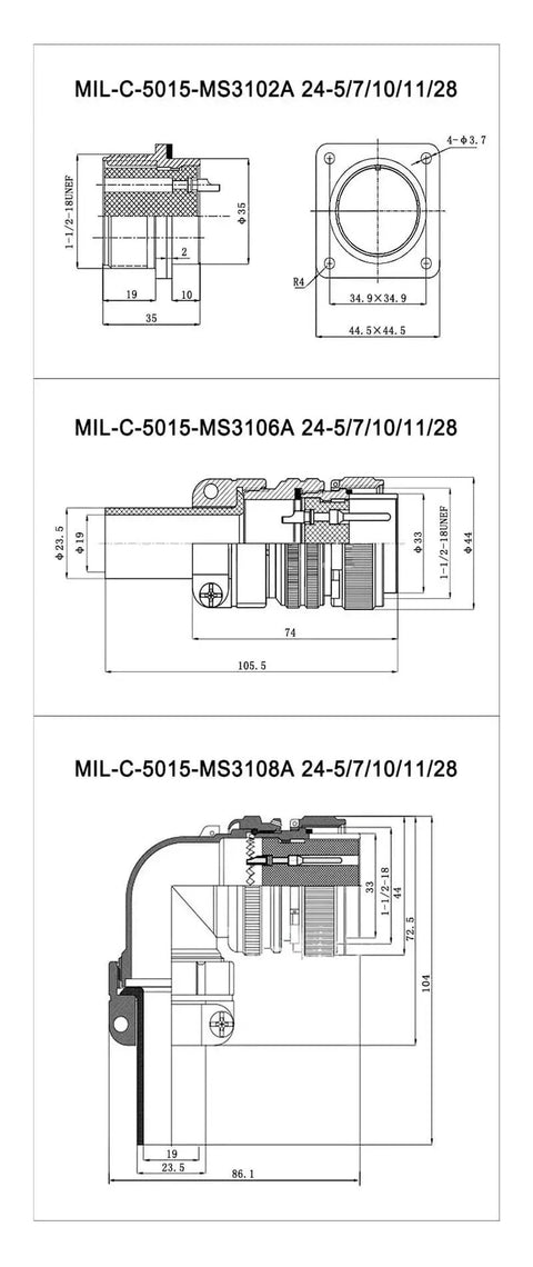 Technical drawing of Mil-Spec Circular Connectors 5015 MIL-C 24-5 Series With MS3102A Sockets 3102 24-5S for rugged use.