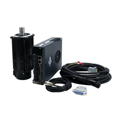 Front view of 220V 750W servo motor with matched drive, control box, and bundled cables