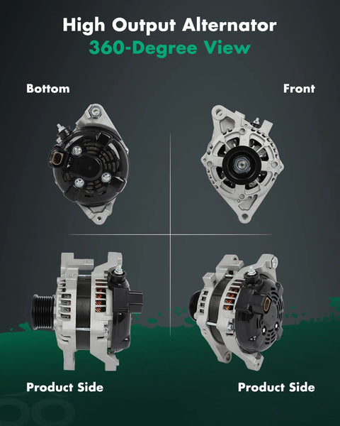 Beefy V6 3.5L 12V 130A High Output Alternator For Toyota Tacoma 2016-2021 showing front, bottom, and side views, with pulley and fan.